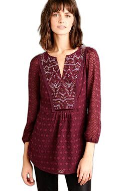 One September Anthropologie Madiran Peasant Blouse S Burgundy Embroidered Boho